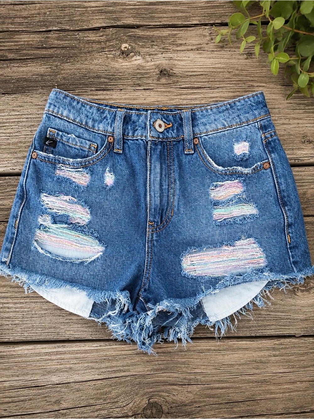 KanCan High Rise Distressed Rainbow Stitch Denim Shorts 24 - Picture 2 of 5